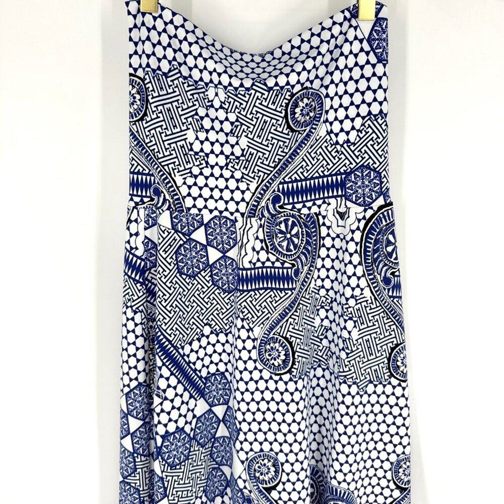 Amy Matto Strapless Midi Dress Blue White Pattern Size Large - Picture 2 of 7